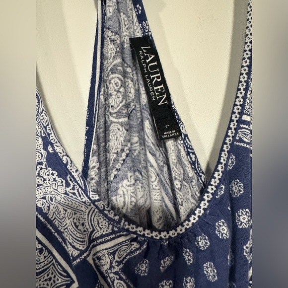 LAUREN Ralph Lauren Summer Racerback White & Blue Bandana Print Dress Large - Picture 3 of 5